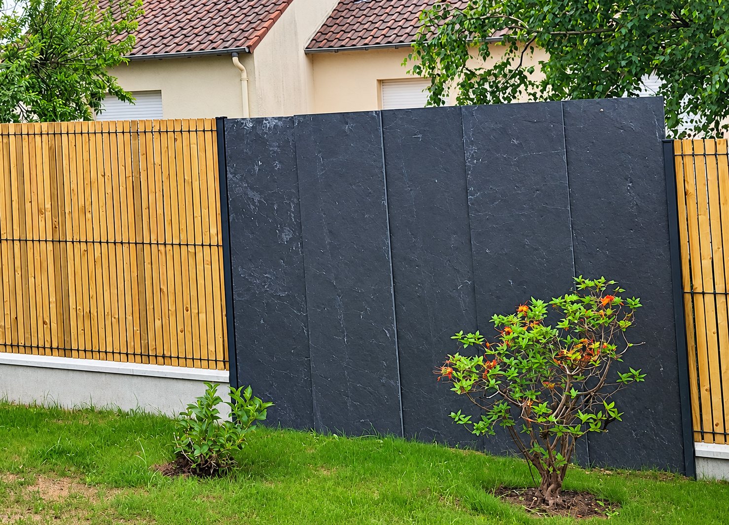 Une clôture de jardin associant lames de bois verticales et grands panneaux gris anthracite, avec un arbuste à fleurs orange sur la pelouse devant une maison.