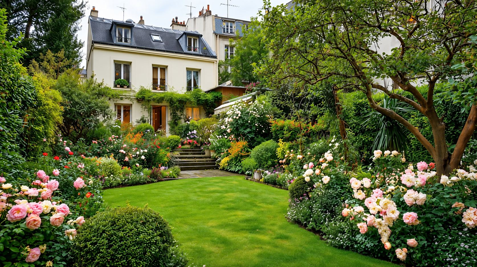 Un jardin verdoyant avec une pelouse et des rosiers en fleurs devant une maison claire au toit d'ardoise.