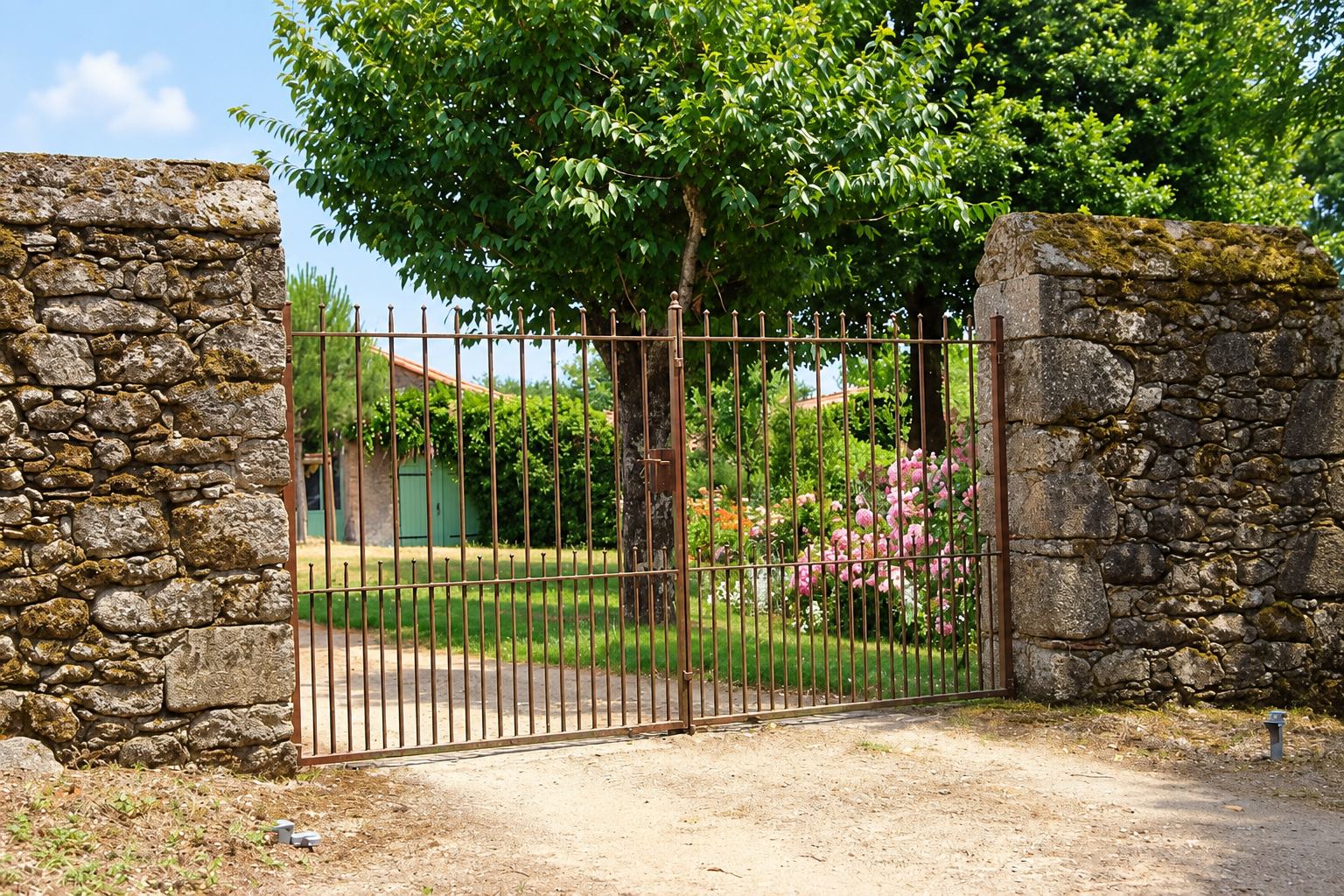 Un portail en fer forgé rouillé fermé entre deux murs de pierre, laissant voir un jardin fleuri et une maison au fond.