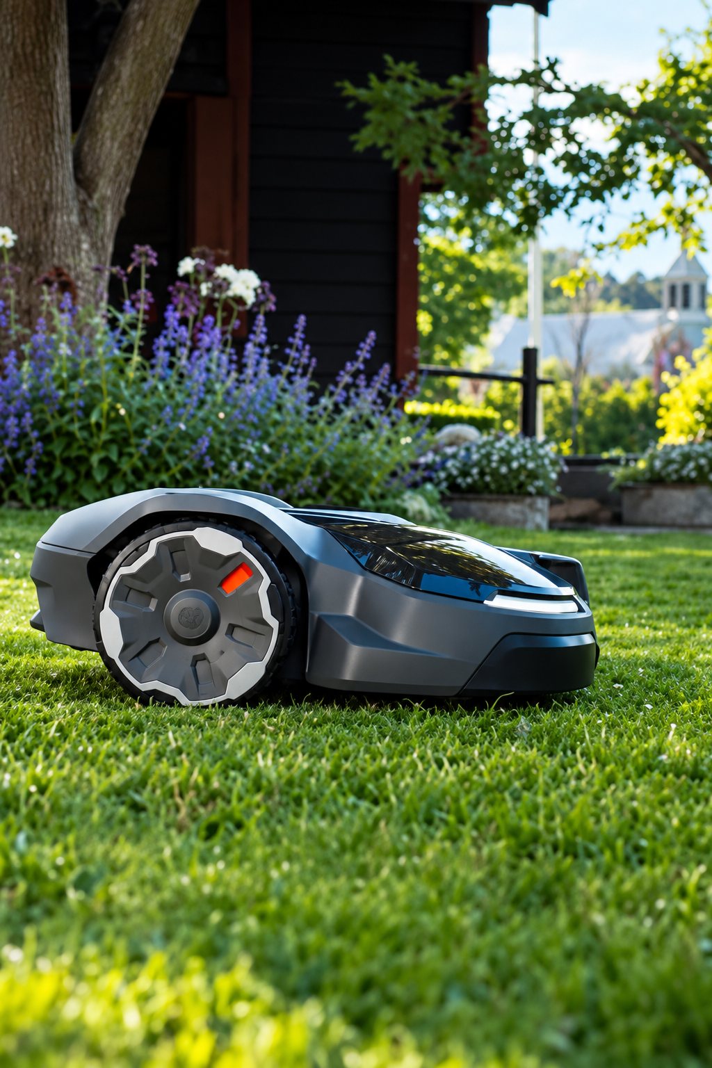 Une tondeuse robot grise et noire avance sur une pelouse bien verte, devant des massifs de fleurs violettes et une grange en bois.