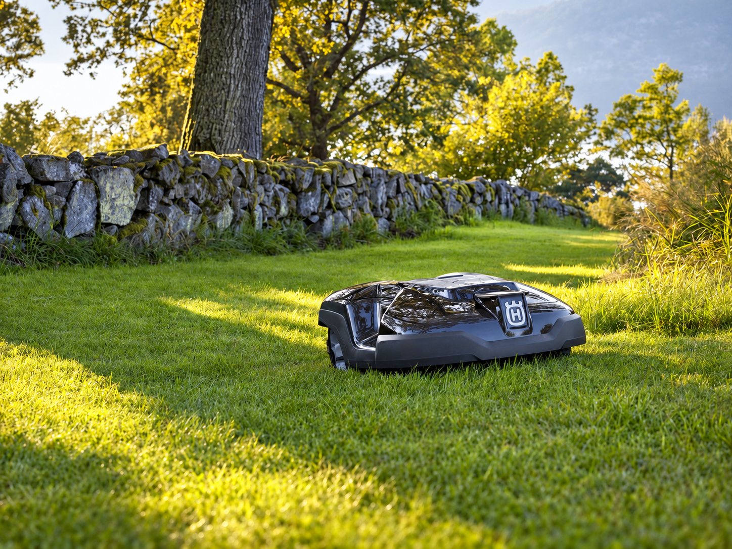 Une tondeuse robot noire fonctionne sur une pelouse verte éclairée par le soleil, le long d'un vieux muret en pierres sèches et sous de grands arbres.